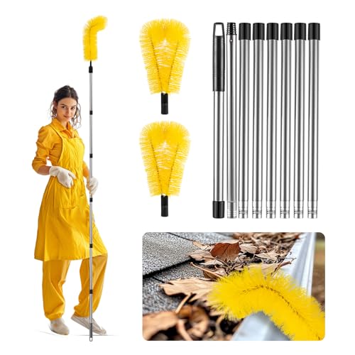 Zhichen star Gutter Cleaning Tools from The Ground - 10.5 FT Adjustable Gutter Cleaner Tools with Bendable Nylon Brush, Stainless Steel Pole for Safe, Ladder-Free Removal of Leaves, Twigs & Debris