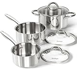 SET INCLUDES: 1 qt and 2 qt saucepans with lids, plus a 3 qt saucepan with dual loop handles - designed for better balance when cooking larger portions or carrying from stove to oven. COOK ANYWHERE: Made from food-grade 304 stainless steel with a tri...
