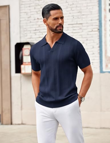 Image of COOFANDY Mens Knit Polo Shirts V Neck Textured Polo Shirts Short Sleeve Breathable Polo Casual Collared T Shirt Fashion Tops