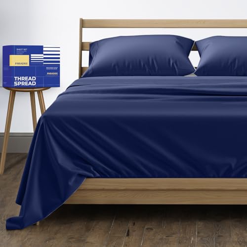 Image of THREAD SPREAD California King Bed Sheets, Luxury 1000 Series Paradise Collection 100% Egyptian Cotton Cal King Sheets Set (4 PC, Navy Blue), Silky Soft, Cooling, 16 inch Deep Pocket Hotel Sheet Set