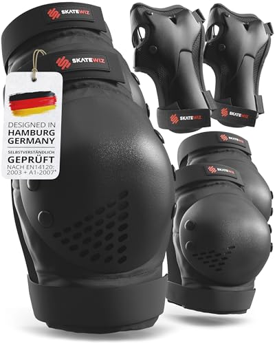 SKATEWIZ Knieschoner Kinder Schoner Inliner Kinder - Inliner Schoner Knieschützer - Protektoren - Knie und Ellenbogenschützer - Schlittschuhe - SMASH Größe M/L Schwarz