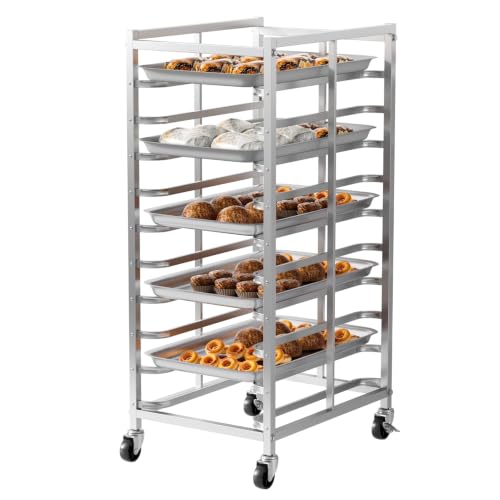 Hiborth Stainless Steel Bun Pan Rack, Commercial Baking Sheet Cart with Wheels, Silver Heavy Duty Bread Cooling Trolley, Movable Pastry Stand Fits Half and Full Size Trays 10-Tier