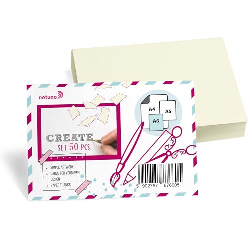 Netuno 50 Stück Bristol-Karton Ecru DIN A6 10,5 x 14,8 cm 250g schwarze Karteikarten blanko Karten Set Tonkarton Bastelpapier bunt Bastelkarton dickes Kartonpapier farbig Fotokarton Zeichenkarton