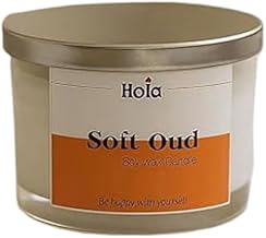 شمعة معطرة من شمع الصويا الطبيعي بعطر يدوم طويلاَ مصنوعة يدويًا من اولا كاندلز، متوفرة بأوزان 300 جرام / 450 جرام (وزن 350 جرام، عطر عود ناعم)
