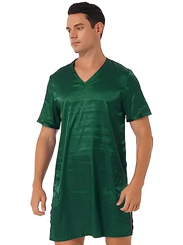 XUNZOO Men Satin Night Shirt Side Split Nightgown V-Neck Short Sleeve Lightweight Silky Sleep Shirt2