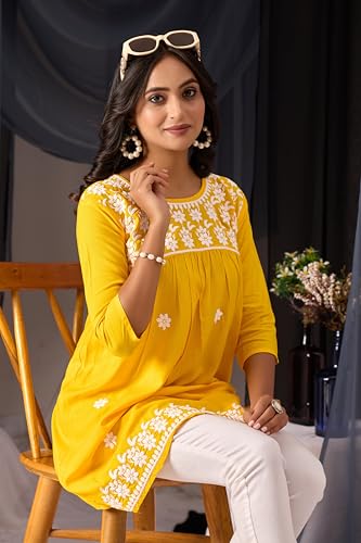 Image of Sidhidata Rayon Floral Embroidered Short Kurti | Short Anarkali Kurti for Girls | Women's Casual Sleeveless Printed Top | Tops for Women (Kurti Myra)