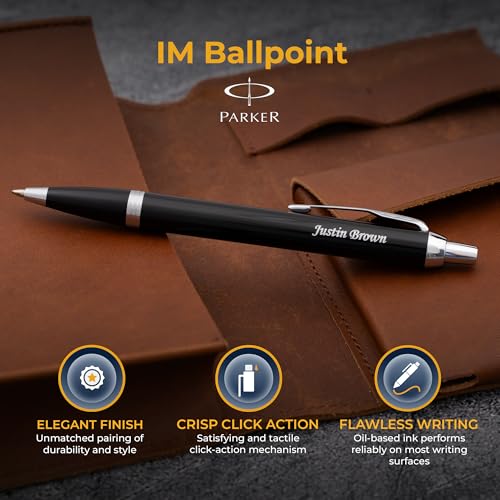 Image of Parker IM Ballpoint Pen, Black Lacquer with Chrome Trim, Personalized Laser Engraving, Blue Ink, Official Parker Gift Box, Graduation and Retirement Gift