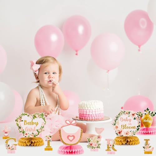 Image of ANGOLIO Floral Girl Baby Shower Honeycomb Centerpiece, 12Pcs Party Supplies