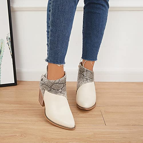 Tinstree Womens Ankle Booties With Heel,Stacked Chunky Heel Ankle Booties Comfy Western Booties V Cutout Boots Western Bootie Snakeskin Patchwork Shoes Slip On V-Cut Boots White,09 #TOP1