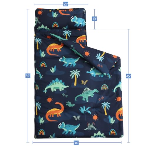 Image of PHF Soft Toddler Nap Mat with Removable Pillow, Rollup Design Kids Sleeping Mat, Slumber Bags for Boys, 55 inchx23 inch Toddler Sleeping Bag for Daycare Preschool Travel Camping, Large Navy Dinosaur