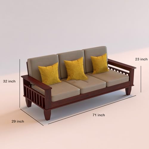Image of Sheesham Wooden 3 Seater Sofa for Living Room | Rosewood 3 Seater Cushion Sofa with Side Newspaper Holder for Home & Office | Solid Wood Sofa Set for Lounge (-Mahogany)