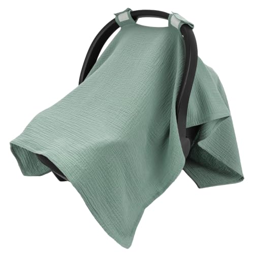 Image of SERAPHY 100% Muslin Cotton Car Seat Cover Baby, Universal Carseat Covers, Breathable Baby Car Seat Canopy for Boys Girls, Soft Infant Car Seat Cover for Summer -Green