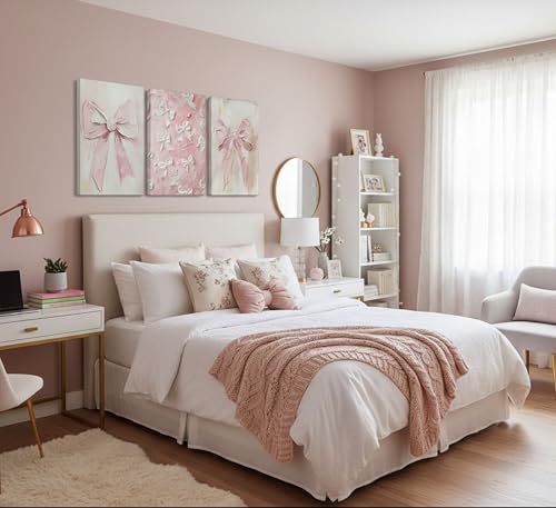 Image of 3Pcs Trendy Pink Bow Canvas Wall Art Vintage Cute Preppy Watercolor Bow Painting Pictures Wall Decor Posters Prints Girly Aesthetic for College Apartment Bedroom Decoration