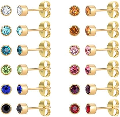 12 Pairs 18K Gold Plated Surgical Stainless Steel Stud Earring, Cubic Zirconia CZ Stud Earrings for Women, Multicolor Birthstone Stud Earrings Set 3mm (Round 3mm)