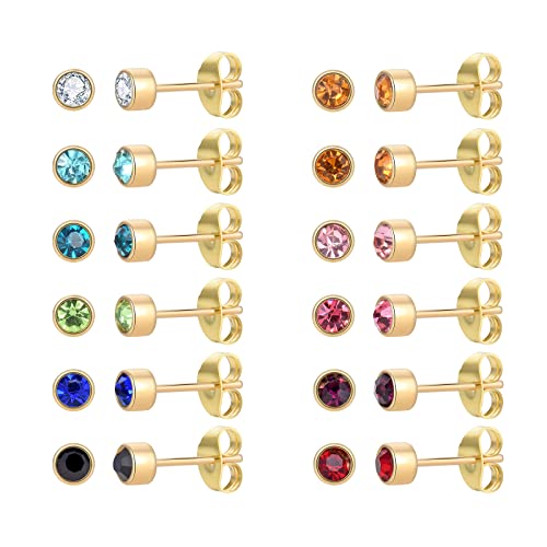 12 Pairs 18K Gold Plated Surgical Stainless Steel Stud Earring, Cubic Zirconia Cz Stud Earrings For Women, Multicolor Birthstone Stud Earrings Set 3Mm (Round 3Mm) #TOP28