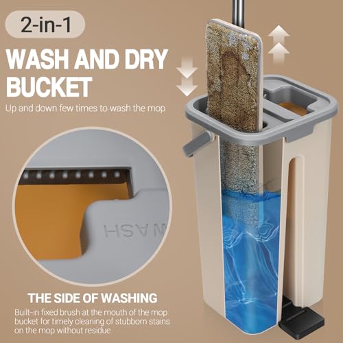 Juego de fregona y cubo de microfibra con mango telescópico de acero inoxidable, sistema de limpieza de suelos con escurridor, mopas de madera dura y azulejos para uso doméstico, kit de limpieza