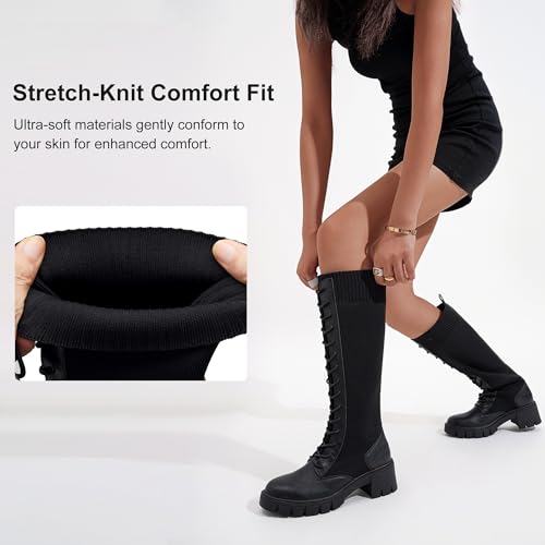 Image of Vepose Women's 953 Knee High Combat Boots Chunky Platform Heel, Lace Up Gothic Punk Work Boots for Dresses and Jeans