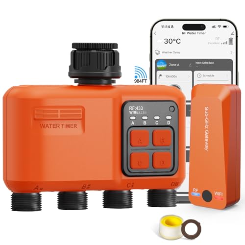 Programmatore Irrigazione WiFi 4 Zone, Controllo Remoto via App 300m, Compatibile Alexa Google, Timer Acqua Intelligente per Giardino con Ritardo Pioggia e Modalità Manuale