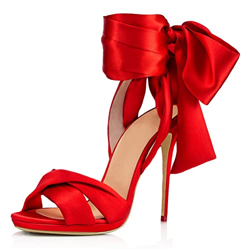 Dames Sandales À Bride Arrière, Femmes Sandal À Bout Ouvert À Talon Aiguille avec Sangles À Nœud, Chaussures De Banquet en Tissu Satiné À Talons Super Hauts De 12CM D'été,Rouge,45 EU Cover