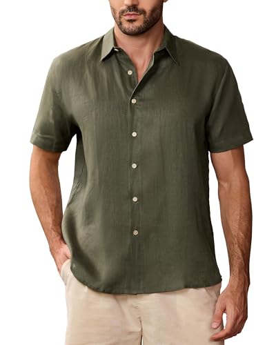 Kallspin Men's 100% Linen Button Down Shirts Casual Short Sleeve