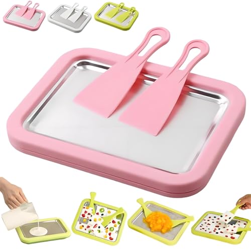 Ice Cream Maker Kit, Rolled Ice Cream Maker with 2 Scrapers, Instant DIY Ice Cream Roller Pan, Instant Rolling Gelato N Frozen Yogurt Ice Mix Tray for Kids and Adults at Home (Pink)