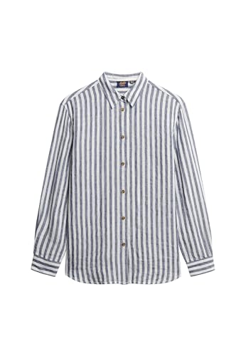 Superdry Damen Lässiges Hemd aus Leinen im Boyfriend-Stil Blauer Breiter Streifen 38