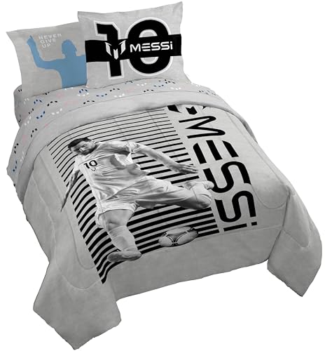 Image of Jay Franco Kids Comforter Set Includes Sheets and Pillow Cover - Soft and Cozy Bed Set for Stylish Room Decor, Grey - Messi, 7 Piece Queen