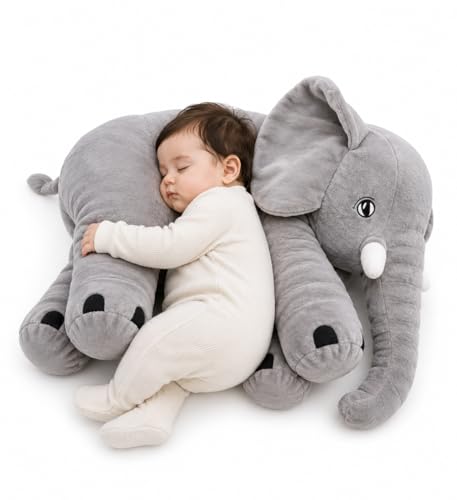 Image of Giant Elephant Plush Toy for Babies - 45cm Soft Stuffed Animal Pillow, Cute Sitting Elephant Plushie for Toddlers, Newborn Nursery Decor, Sleep Companion & Birthday Gift for Kids (Grey)