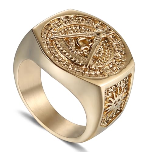 Anillo masónico de acero de titanio para hombre, diseño de rayos solares, chapado al vacío en oro macizo/plata, banda de 20 mm de ancho, ajuste cómodo para los entusiastas de la masonería, Metal