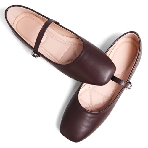 Stunner Ballet Flats for Women Women's Mary Jane Shoes Square Toe Casual Flats Comfortable Ankle Strap Flat Shoes Coffee 39(7) 23