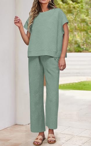 Image of PRETTYGARDEN 2 Piece Outfits For Women Casual Tracksuit Short Sleeve Tops And Wide Leg Long Pants Matching Lounge Sets