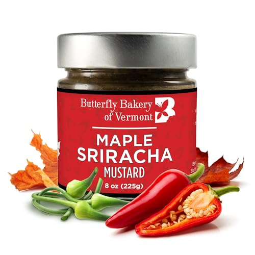 Image of Butterfly Bakery of Vermont Maple Sriracha Mustard, 8 oz | Maple syrup, jalapenos, garlic scapes, yellow and brown mustard seeds, vegan and vegetarian, burgers and grilled meats