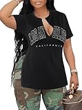 LovelyWholesale Womens Graphic Tees Sexy V Neck T Shirts Short Sleeve Side Slit Summer Tops Los Angeles Black X-Large