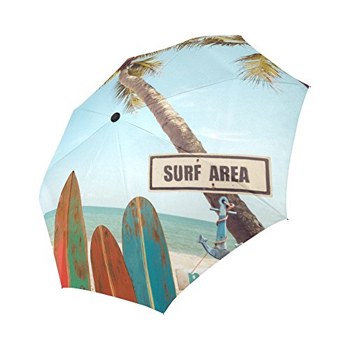 INTERESTPRINT Vintage Surf Board with Palm Tree on Tropical Beach Windproof Automatic Folding