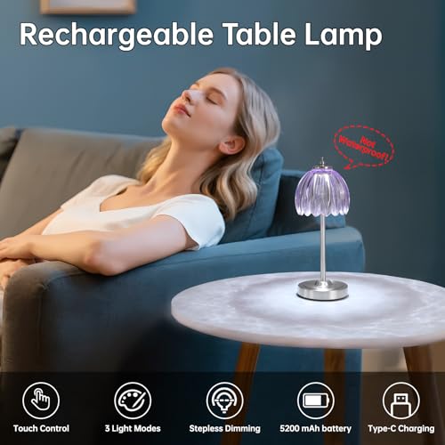 Image of Shenmoyl Tulip Table Lamp with 5200mAh Battery & Touch Control, Cordless Small Table Lamp with 3 Colors, Dimmable Rechargeable Table Lamps for Living Room, Bedroom, Desk, Bedside (Clear Purple Tulip)