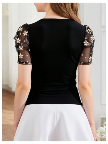 Girl's Floral Embroidery Mesh Tops T Shirt Puff Sleeve Crew Neck Slim Fit Elegant Summer Tees2