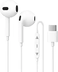 Fone de Ouvido Tipo C com Fio, Plug And Play Intra-Auricular - Com Controle de Volume Graves Intensos Som Nítido. (Branco)