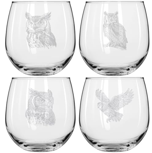 MIP Owl Collection 4-Piece 16oz Stemless Wine Glass Set