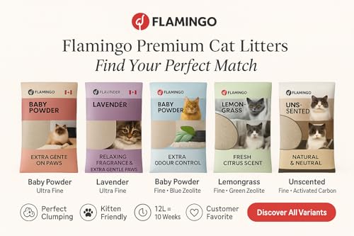 Flamingo Katzenstreu - katzenstreu klumpstreu - Babypuder-Duft - 12L (12KG) für 10 Wochen - Herkunft Kanada - Blauer Zeolith für ultraschnelle Geruchskontroll - Ideal für 1 oder mehrere Katzen