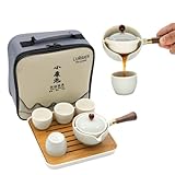 LURRIER Porcelain Chinese Gongfu Tea Set,Portable Teapot Set with 360 Rotation Tea Maker and Infuser,Portable All in One Gift Bag for Travel,Home,Gifting,Outdoor and Office (Cyan Grey)