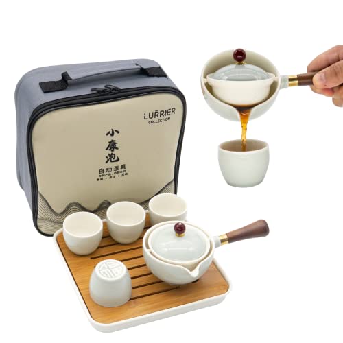 LURRIER Porcelain Chinese Gongfu Tea Set,Portable Teapot Set with 360 Rotation Tea Maker and...