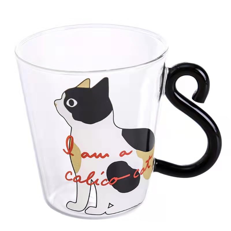 Kedi Figürlü Sevimli Kahve Fincanı Süt Çay Kahve Bardağı Kupa Isıya Dayanıklı Cam Fincan Kuyruk Kolu Kedi Fincan Hediyelik