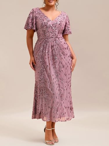 Image of Ever-Pretty Plus Women's Sequin V Neck Plus Size Prom Dress Mermaid Formal Cocktail Evening Dresses for Curvy Women