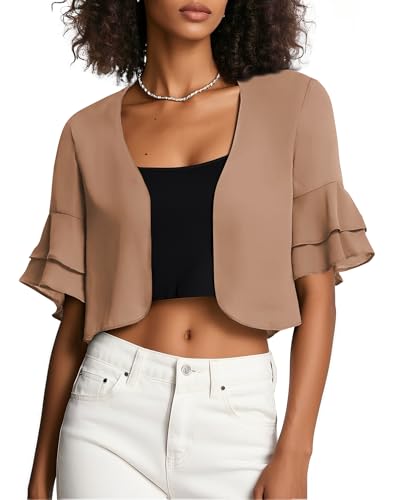 Image of Urban CoCo Women's Sheer Chiffon Bolero Shrug Ruffle Short Sleeve Open Front Cropped Cardigan for Dresses