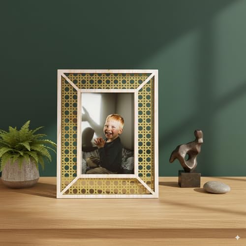 Image of Rectangle Wooden Photo Frame 23 x 18 cm | Decorative Picture Frame with Rattan Laser Cut Border & Clear Acrylic Front | Wall & Tabletop Display for Home Decor