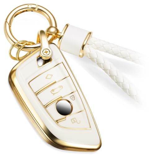 Image of Car Key Fob Cover, White Braided Loop Keychain Case, Gold Edge