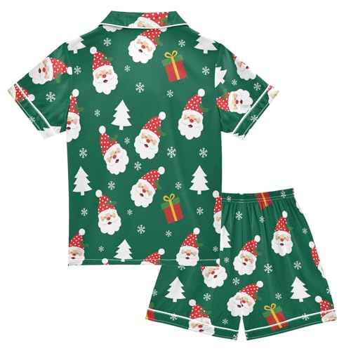 Satin Pajama Sets Short Sleeve Santa Claus Trees Button Down Silky Nightwear 2 Piece PJS 5-14Y2