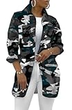 SeNight Women's Casual Blue Camouflage Jacket With Pockets Sexy V Neck Long Sleeve Button Down Denim Coat