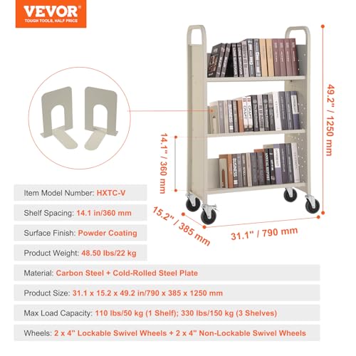Image of VEVOR Book Cart, 330 lbs Library Cart, 31.1 inch x 15.2 inch x 49.2 inch Rolling Book Cart, Single Sided V-Shaped Sloped Shelves with 4-Inch Lockable Wheels for Home Shelves Office and School, Book Truck in Cream
