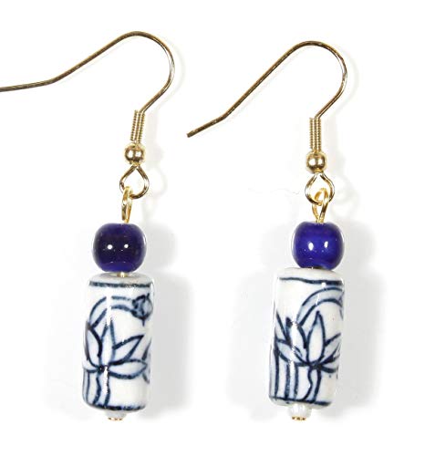 Style ARThouse Lotus Pond, Chinese Blue and White Porcelain Earrings with Sumi-e Design